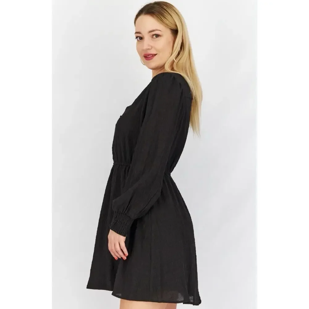 BB Dakota Steve Madden Black V-Neck Long Sleeve Button Mini Dress M - Picture 2 of 7